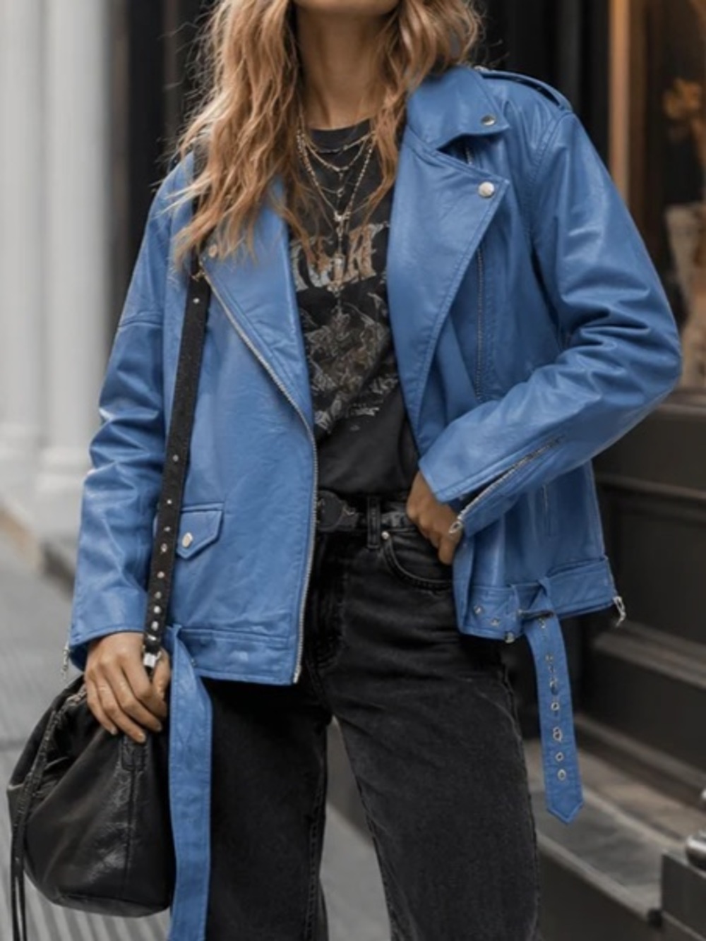 Belted Vegan Leather Moto Jacket with Front Pockets Blue